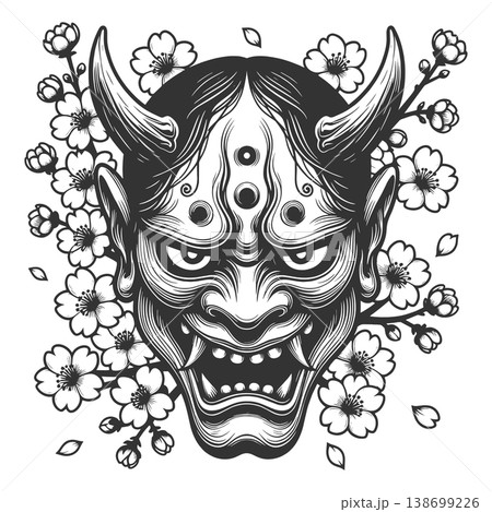 Japanese Oni Mask With Cherry Blossoms raster 138699226