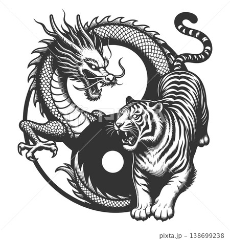 Dragon and Tiger Yin Yang engraving sketch raster 138699238