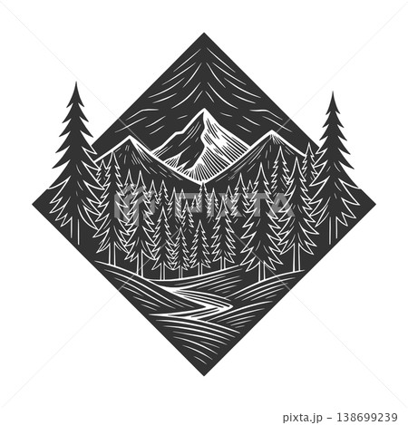 Mountain Forest Landscape engraving sketch raster Mountain Forest Landscape engraving sketch raster 138699239