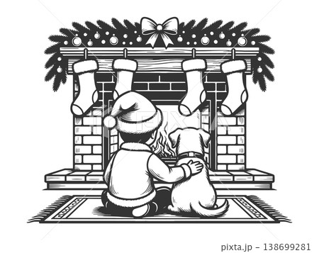 Child and Dog by Christmas Fireplace Scene raster 138699281