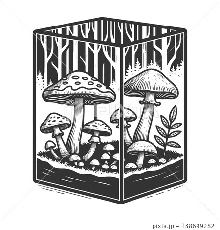 Mushroom Terrarium Forest engraving sketch vector Mushroom Terrarium Forest engraving sketch vector 138699282