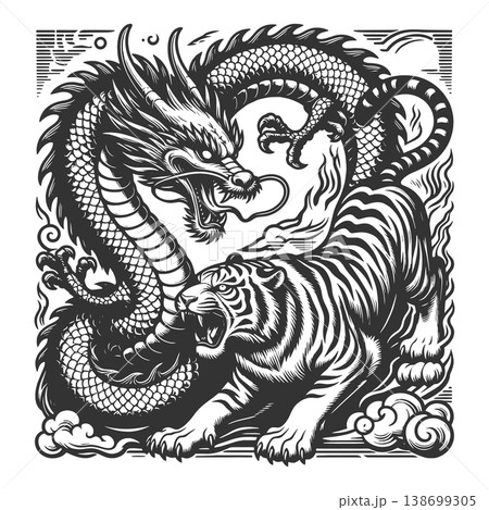 Dragon and Tiger Yin Yang engraving sketch vector Dragon and Tiger Yin Yang engraving sketch vector 138699305