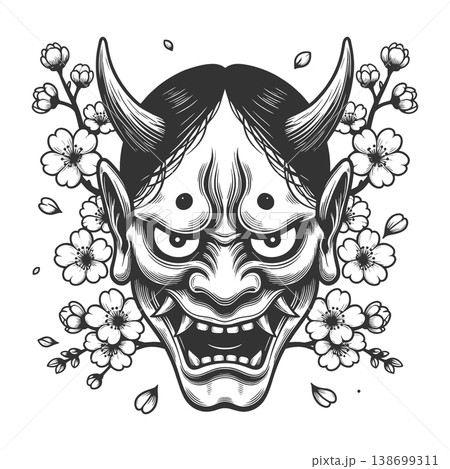 Japanese Oni Mask With Cherry Blossoms raster Japanese Oni Mask With Cherry Blossoms raster 138699311