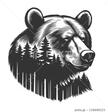 Bear Head With Forest Silhouette engraving raster 138699325