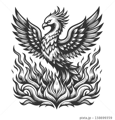 Phoenix Bird Rising From Flames engraving vector 138699359