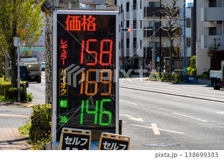 ガソリンスタンドの価格表示電光掲示板と都市道路風景 138699383