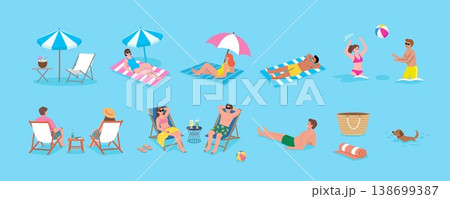 Flat Vector Summer Beach People and Vacation Activities Illustration Set Flat Vector Summer Beach People and Vacation Activities Illustration Set 138699387