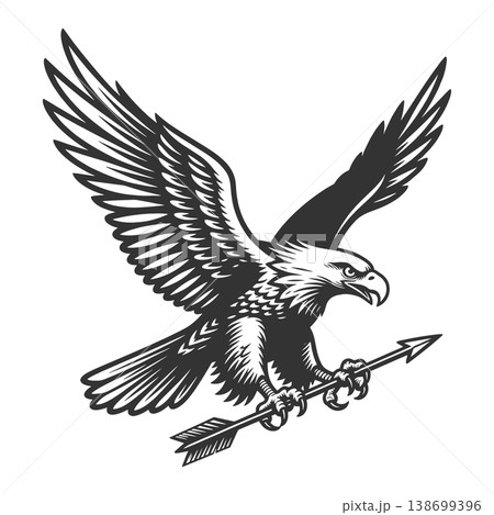 Flying Eagle Holding Arrow engraving sketch raster Flying Eagle Holding Arrow engraving sketch raster 138699396