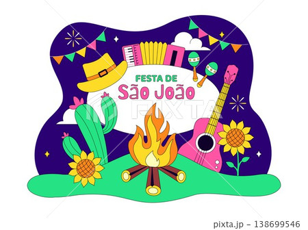 Sao Joao Festival Vector Illustration With Bonfire, Guitar, Dance, and Traditional Festa Junina Celebration Night Party Design 138699546