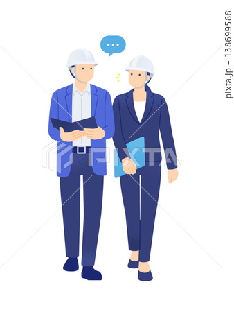 歩きながら打ち合わせをするヘルメット姿の男女　ビジネスパーソンの全身ベクターイラスト素材 138699588
