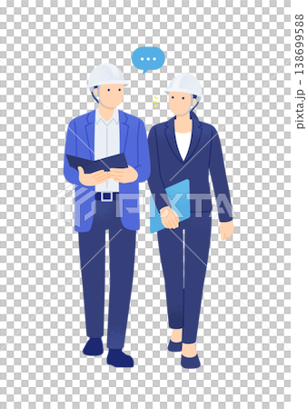 一幅全身向量插圖，描繪了一男一女戴著頭盔邊走邊開會——商務人士。 138699588