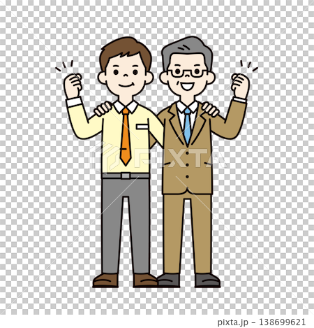 肩を組んでガッツポーズする、新入社員とシニア世代の社長・経営者の全身ベクターイラスト素材 肩を組んでガッツポーズする、新入社員とシニア世代の社長・経営者の全身ベクターイラスト素材 138699621