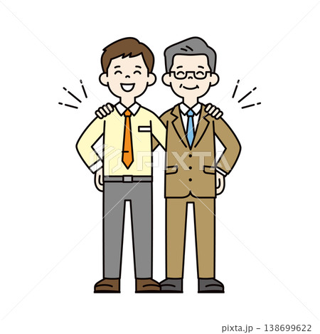 笑顔で肩を組む、若い男性社員・ビジネスマンと中高年の社長・経営者の全身ベクターイラスト素材 笑顔で肩を組む、若い男性社員・ビジネスマンと中高年の社長・経営者の全身ベクターイラスト素材 138699622