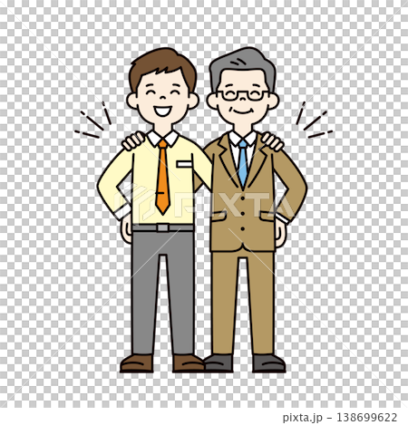 笑顔で肩を組む、若い男性社員・ビジネスマンと中高年の社長・経営者の全身ベクターイラスト素材 笑顔で肩を組む、若い男性社員・ビジネスマンと中高年の社長・経営者の全身ベクターイラスト素材 138699622