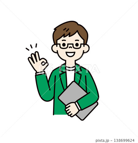 パソコンを持って了解・OKサインをする、メガネをかけた若い男性の上半身ベクターイラスト素材 138699624