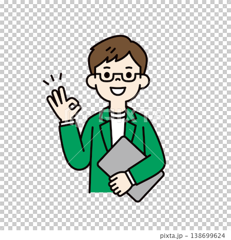 パソコンを持って了解・OKサインをする、メガネをかけた若い男性の上半身ベクターイラスト素材 138699624