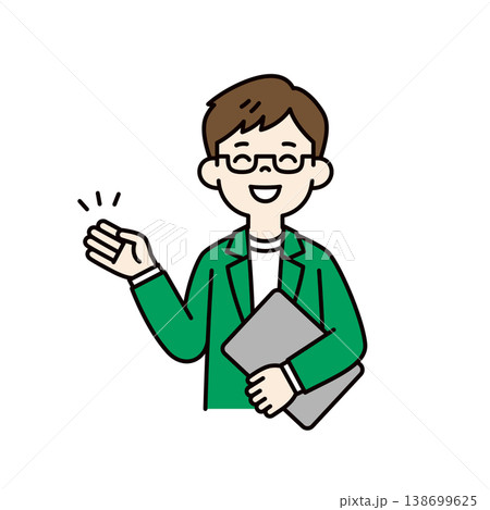 ラップトップPCを持って案内・紹介する、眼鏡をかけた若い男性の上半身ベクターイラスト素材 138699625