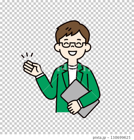 ラップトップPCを持って案内・紹介する、眼鏡をかけた若い男性の上半身ベクターイラスト素材 138699625