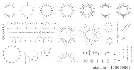 太陽と星空をイメージしたシンプルな飾り罫線・ラインのイラストセット　キラキラ　点線　Sunburst 138699865