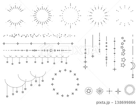 太陽と星空をイメージしたシンプルな飾り罫線・ラインのイラストセット キラキラ 点線 Sunburst 太陽と星空をイメージしたシンプルな飾り罫線・ラインのイラストセット キラキラ 点線 Sunburst 138699866