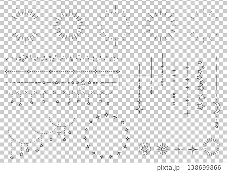 太陽と星空をイメージしたシンプルな飾り罫線・ラインのイラストセット キラキラ 点線 Sunburst 太陽と星空をイメージしたシンプルな飾り罫線・ラインのイラストセット キラキラ 点線 Sunburst 138699866