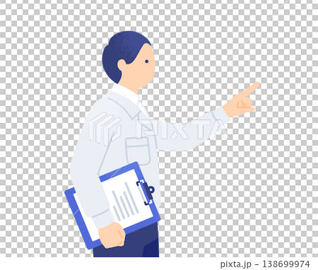Vector illustration of a man in work clothes, holding a binder and giving instructions, showing his upper body in profile. 138699974