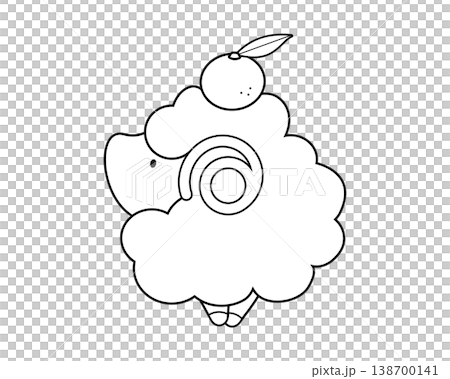 A simple line drawing of a sheep lying on its side with an orange on its head. A simple line drawing of a sheep lying on its side with an orange on its head. 138700141