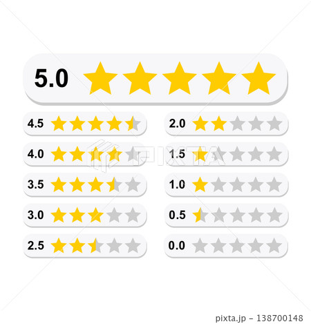 Rating stars vector icon set from one to five, clean symbols for reviews, ranking, user feedback, and quality evaluation in digital design. Rating stars vector icon set from one to five, clean symbols for reviews, ranking, user feedback, and quality evaluation in digital design. 138700148