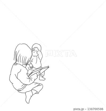 絵本を読み聞かせする姉妹の線画イラスト 138700586