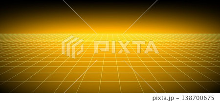 Yellow glow neon wireframe background. Bright shining checkered grid floor plane in perspective. Golden retro futuristic horizon wallpaper. Arcade game sci fi matrix landscape surface. Vector backdrop Yellow glow neon wireframe background. Bright shining checkered grid floor plane in perspective. Golden retro futuristic horizon wallpaper. Arcade game sci fi matrix landscape surface. Vector backdrop 138700675