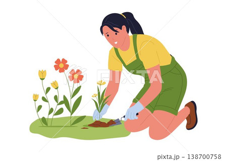 Woman Planting Flower Seedlings in Garden 138700758