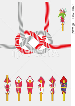 水引と熨斗飾りの和風アイコンセット。紅白の祝結び日本伝統デザイン素材。 138700823