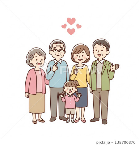 三世代家族のイラスト（笑顔・シンプル・かわいい）Three-generation family 138700870