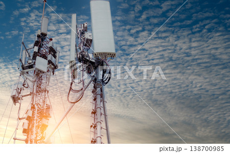 Telecommunication tower. Antenna on blue sky. Radio and satellite pole. Communication technology. Telecommunication industry. Mobile or telecom 5g network. Network connection business background. Telecommunication tower. Antenna on blue sky. Radio and satellite pole. Communication technology. Telecommunication industry. Mobile or telecom 5g network. Network connection business background. 138700985