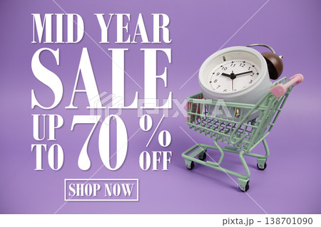 Mid Year Sale 70% off Promotion and Marketing with trolley shopping cart and alarm clock on purple background 138701090