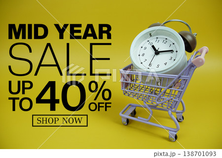 Mid Year Sale 40% off Promotion and Marketing with trolley shopping cart and alarm clock on yellow background 138701093