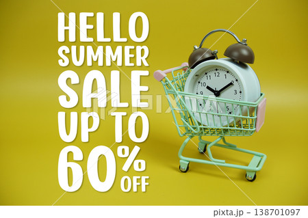 Summer Sale 60% off Promotion and Marketing with trolley shopping cart and alarm clock on yellow background Summer Sale 60% off Promotion and Marketing with trolley shopping cart and alarm clock on yellow background 138701097