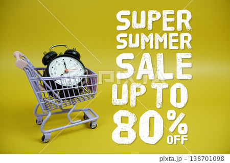 Summer Sale 80% off Promotion and Marketing with trolley shopping cart and alarm clock on yellow background 138701098