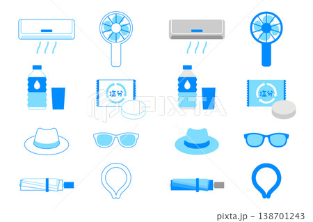 熱中症対策のアイコンセット ベクター素材 暑さ対策や塩分補給・予防啓発の線画と塗りイラスト 138701243