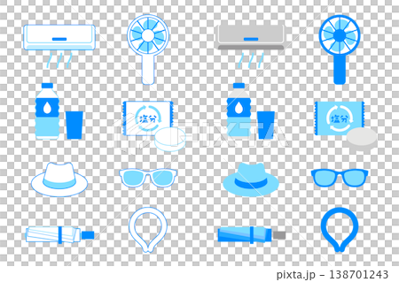 熱中症対策のアイコンセット ベクター素材 暑さ対策や塩分補給・予防啓発の線画と塗りイラスト 138701243