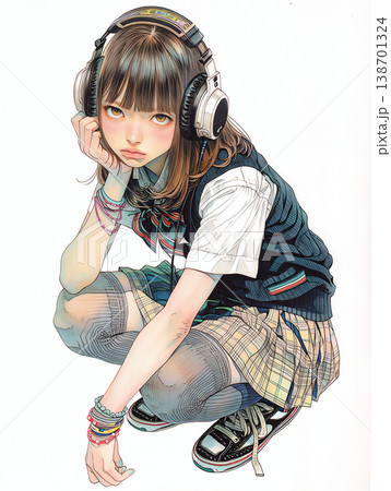 ヘッドホンをしてガンを飛ばす女子高生 138701324