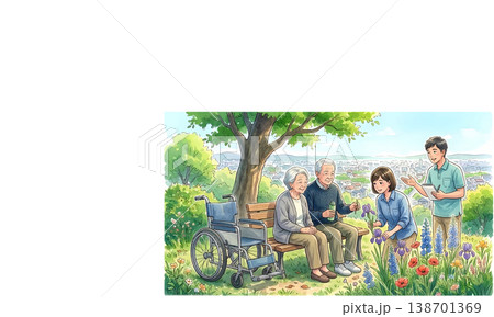 高齢者と家族のふれあい 介護 公園で過ごす穏やかな時間 ベンチと車椅子のある風景 138701369