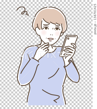 スマホの画面を見て不安そうな表情をする中高年女性のベクターイラスト(40代・50代・60代) スマホの画面を見て不安そうな表情をする中高年女性のベクターイラスト(40代・50代・60代) 138701425