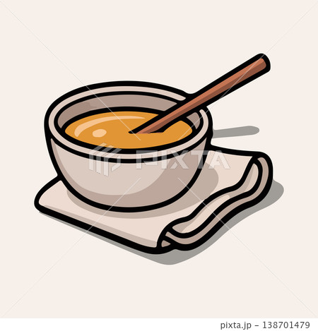 Pure Natural Honey in Ceramic Bowl with Wooden Dipper and Fabric Napkin Illustration 138701479