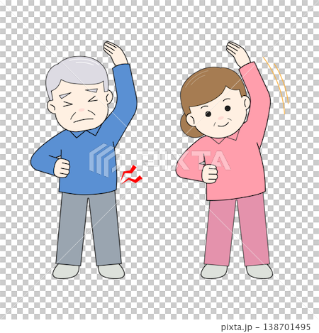 插圖描繪了老年男女進行運動以預防老化的情景。 138701495