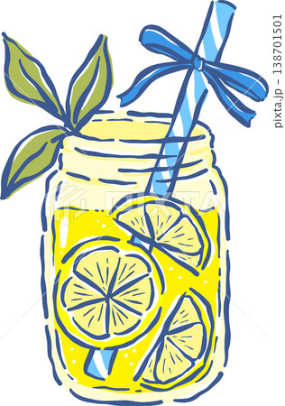 Coquette Lemon jucie in Jar Glass with Blue Ribbon Bow Whimsical Hand Drawn Coquette Lemon jucie in Jar Glass with Blue Ribbon Bow Whimsical Hand Drawn 138701501