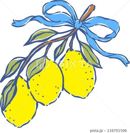 Coquette Girly Lemons on a Branch with Blue Ribbon Whimsical Hand drawn 138701506