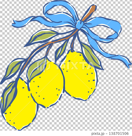 Coquette Girly Lemons on a Branch with Blue Ribbon Whimsical Hand drawn 138701506