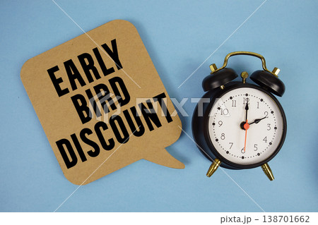 Early Bird Discount text with alarm clock on blue background Early Bird Discount text with alarm clock on blue background 138701662