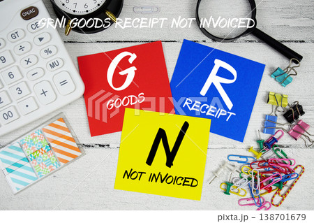 GRNI Goods Receipt Not Invoiced text phrase of business and financial concept GRNI Goods Receipt Not Invoiced text phrase of business and financial concept 138701679